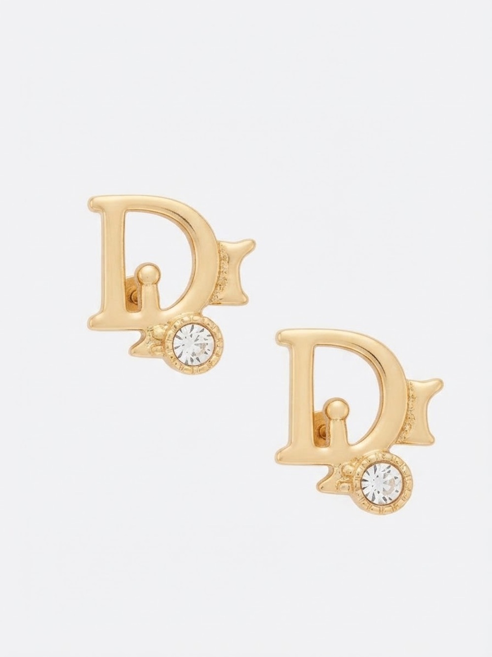 Gold Tine Letter D Stud Earrings with Clear Crystal